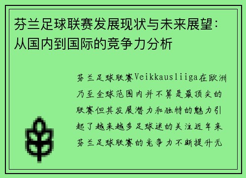 芬兰足球联赛发展现状与未来展望：从国内到国际的竞争力分析