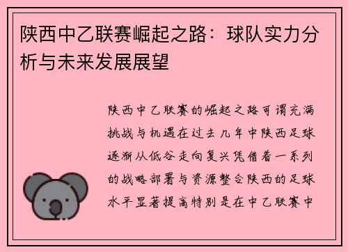 陕西中乙联赛崛起之路：球队实力分析与未来发展展望