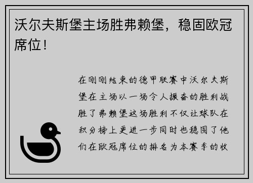 沃尔夫斯堡主场胜弗赖堡，稳固欧冠席位！