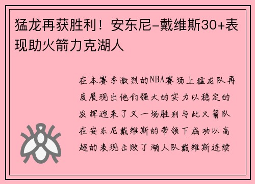 猛龙再获胜利！安东尼-戴维斯30+表现助火箭力克湖人