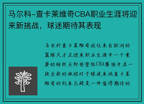马尔科-查卡莱维奇CBA职业生涯将迎来新挑战，球迷期待其表现