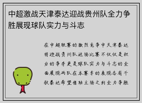 中超激战天津泰达迎战贵州队全力争胜展现球队实力与斗志